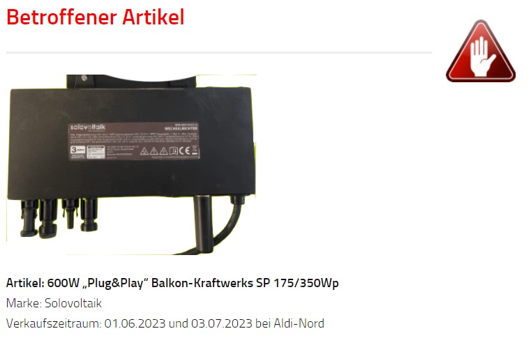 Produktwarnung, Wechselrichter, Photovoltaik-Balkonanlagen