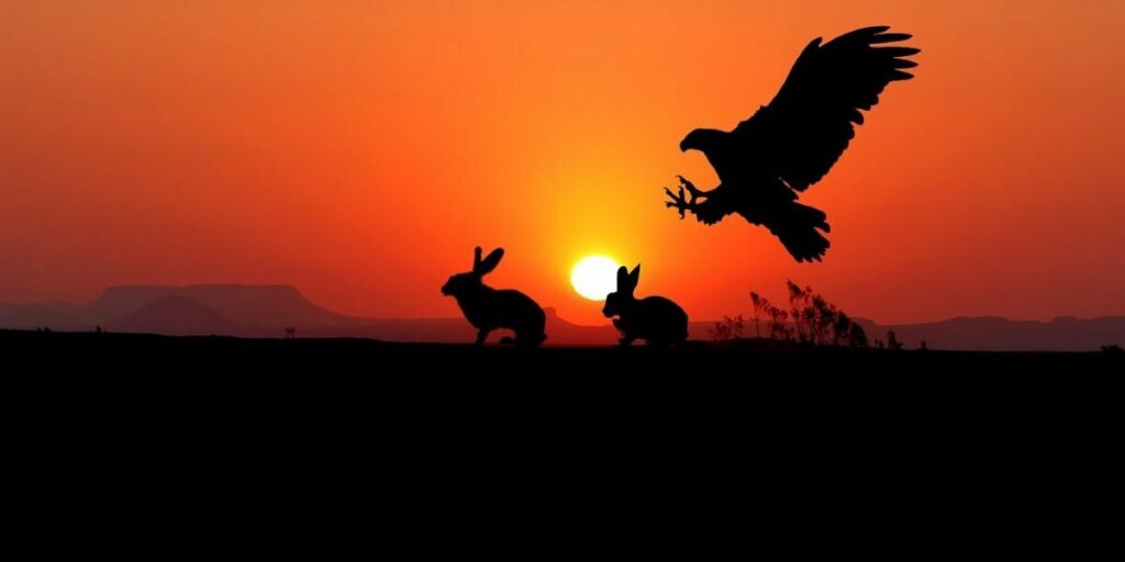 Adler, Hase, Sonnenuntergang