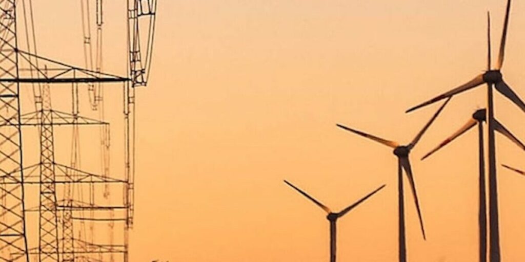 Windräder, Windkraftanlagen, Strommasten, Stromnetz, Illustration BMWK zur Kraftwerksstrategie