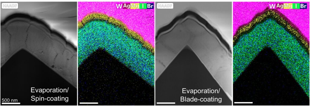 RTEM Bilder von Perowskit-Silizium-Tandemsolarzellen, die durch Aufdampfen/Spin-Coating oder Aufdampfen/Blade-Coating hergestellt wurden.