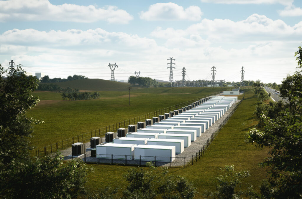 Rendering des 100 Megawatt Batteriespeicher von Kyon Energy und Saft in Dahlem, Nordrhein-Westfalen