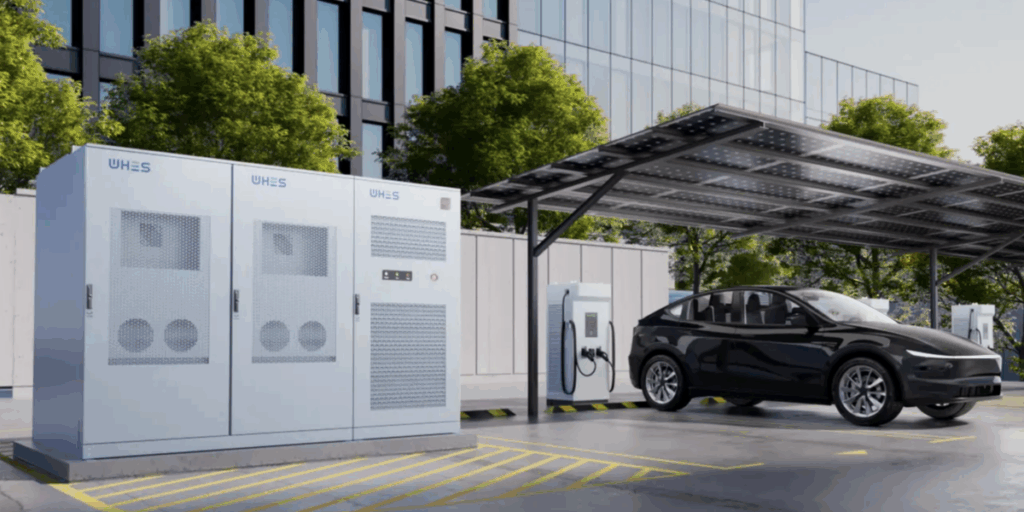 Gewebrespeicher vor Parkplatz mit Solar carpport und Elektroauto Computer Illustration