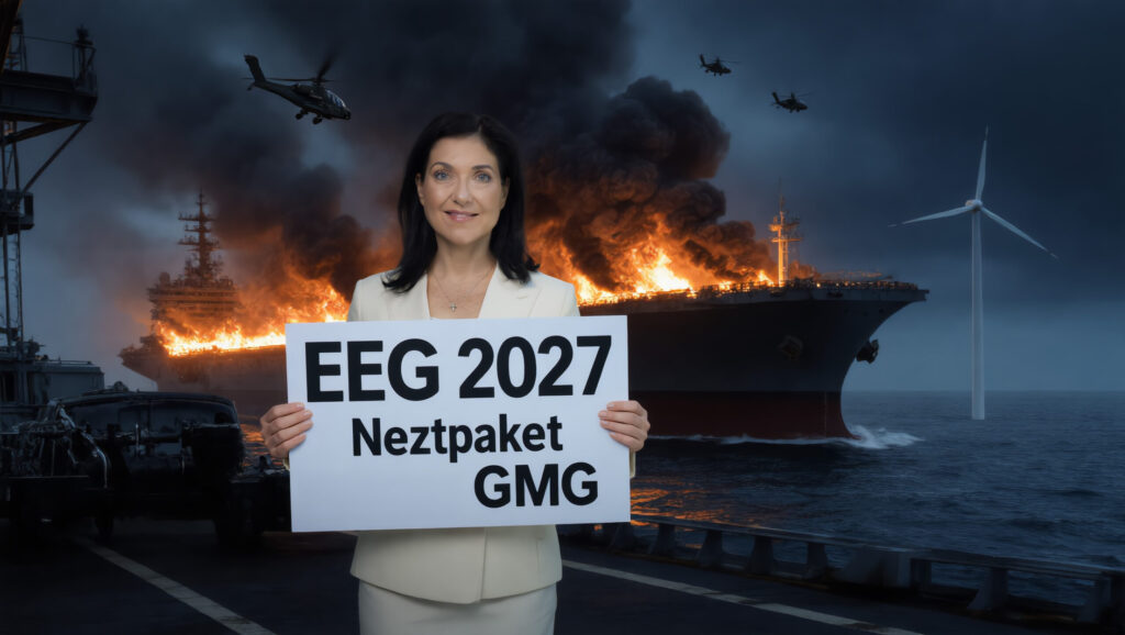 Bundeswirtschaftsministerin Katherina Reiche (CDU) vor einem brennenden Schiff, erstellt mit KI