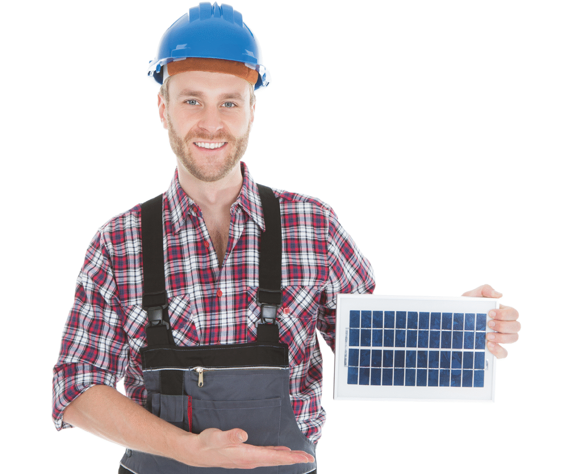 Handwerker mit Mini-Modul in dder Hand
