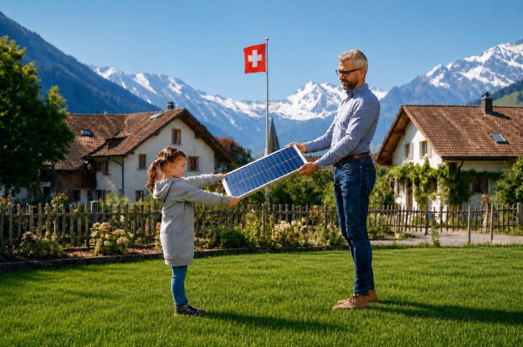 Vater, Kind, Tochter, Solarmodul, Schweiz