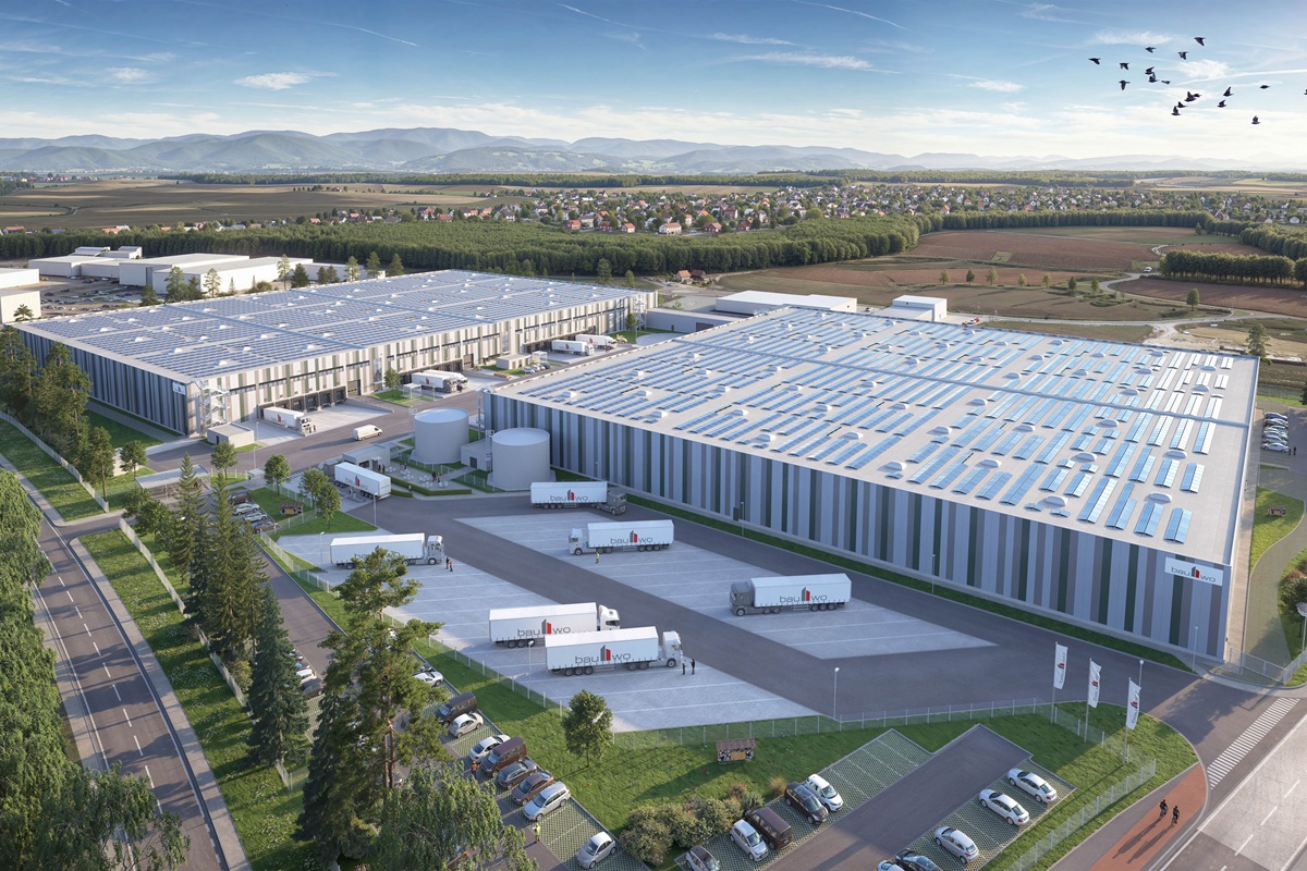 Visualisierung des geplanten Energieprojekts Rheinau: Auf dem Gewerbestandort entsteht eine Vier-Megawatt-Photovoltaikanlage, ergänzt um einen Batteriespeicher und Ladeinfrastruktur für elektrisch betriebene Lkw.