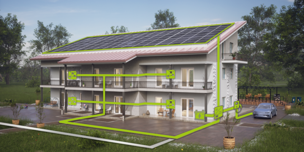 Schema, Energy-Sharing-Konzept, Batteriespeicher-Sharing-Lösung, Fenecon, Pionierkraft