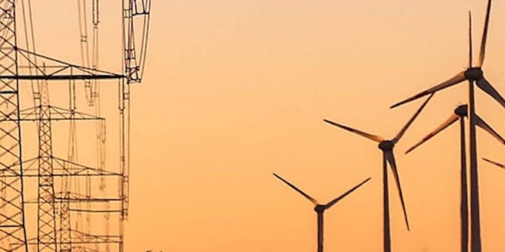 Windräder, Windkraftanlagen, Strommasten, Stromnetz, Illustration BMWK zur Kraftwerksstrategie