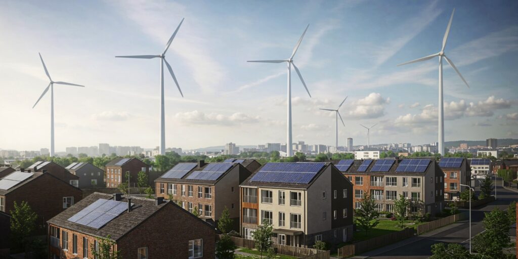 Mehrere Mehrfamilienhäuser mit Photovoltaik-Anlagen auf den Dächern und Windrädern im Hintergrund.