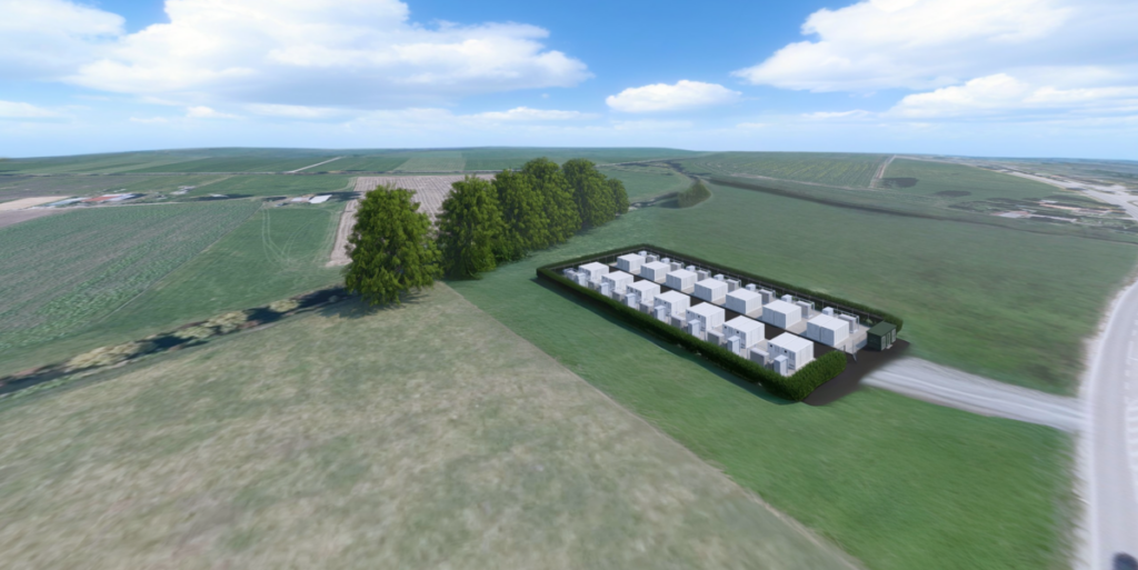 Visualisierung des Speichers von Green Flexibility mit 40 Megawatt und 80 Megawattstunden an Einspeisesteckdose von LEW Verteilnetz in Balzhausen