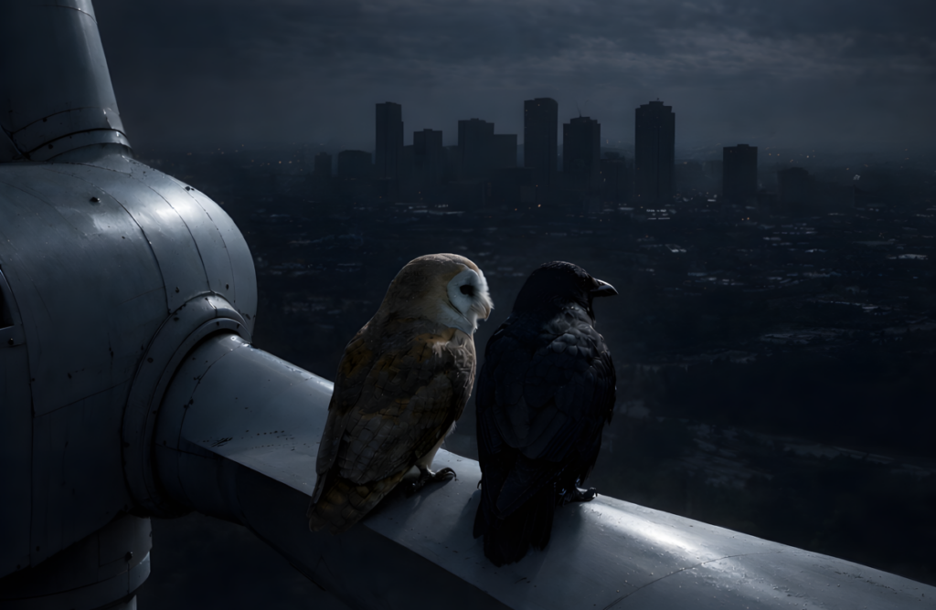 Dunkelflaute illustration zwei Vögel auf Windkraftanlage sitzend dunkle stadt beobachtend