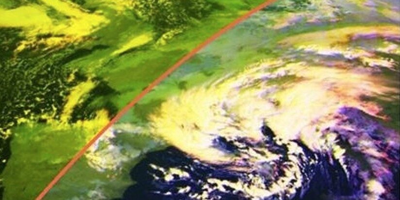Satellitenaufnahme sichtbarer-Kanal und IR-Kanal bei Sonnenaufgang. Quelle: Fraunhofer ISE