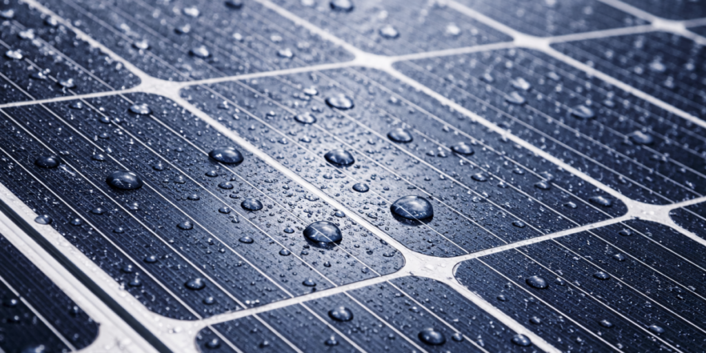 Photovoltaik-Modul mit Regentropfen drauf