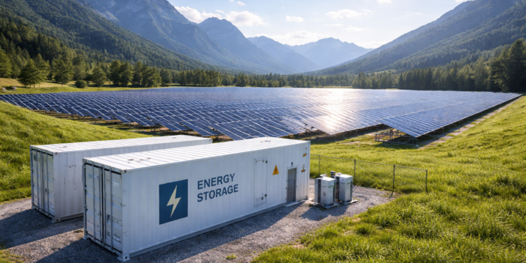 Photovoltaik-Anlage und Speicher im Bergpanorama