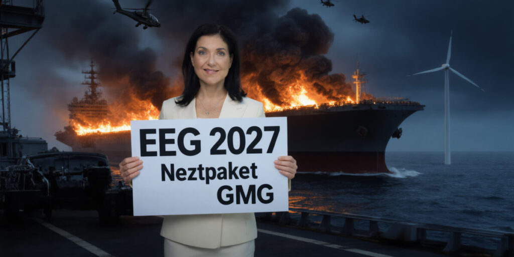 Bundeswirtschaftsministerin Katherina Reiche (CDU) vor einem brennenden Schiff, erstellt mit KI