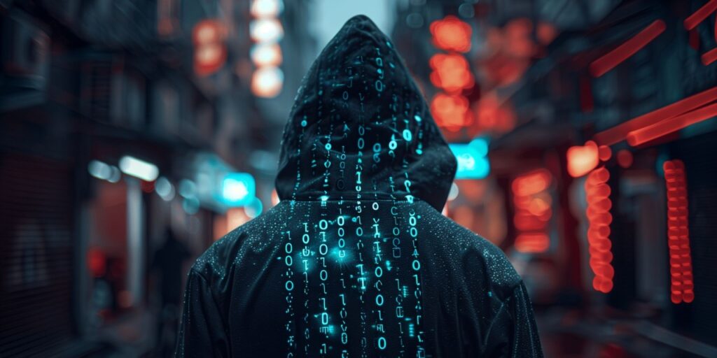 Hacker Mit schwrzer Jacke vor unscharfem Hintergrund Zhalen binärcode of seiner Jacke