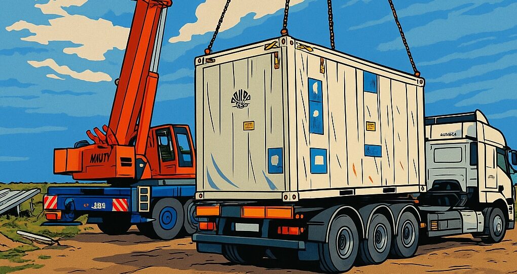 Batteriespeicher, Ausstellung, Container, Kran, KI-generiertes Bild (ChatGPT)