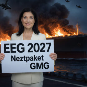 Bundeswirtschaftsministerin Katherina Reiche (CDU) vor einem brennenden Schiff, erstellt mit KI