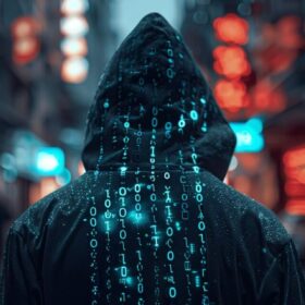 Hacker Mit schwrzer Jacke vor unscharfem Hintergrund Zhalen binärcode of seiner Jacke